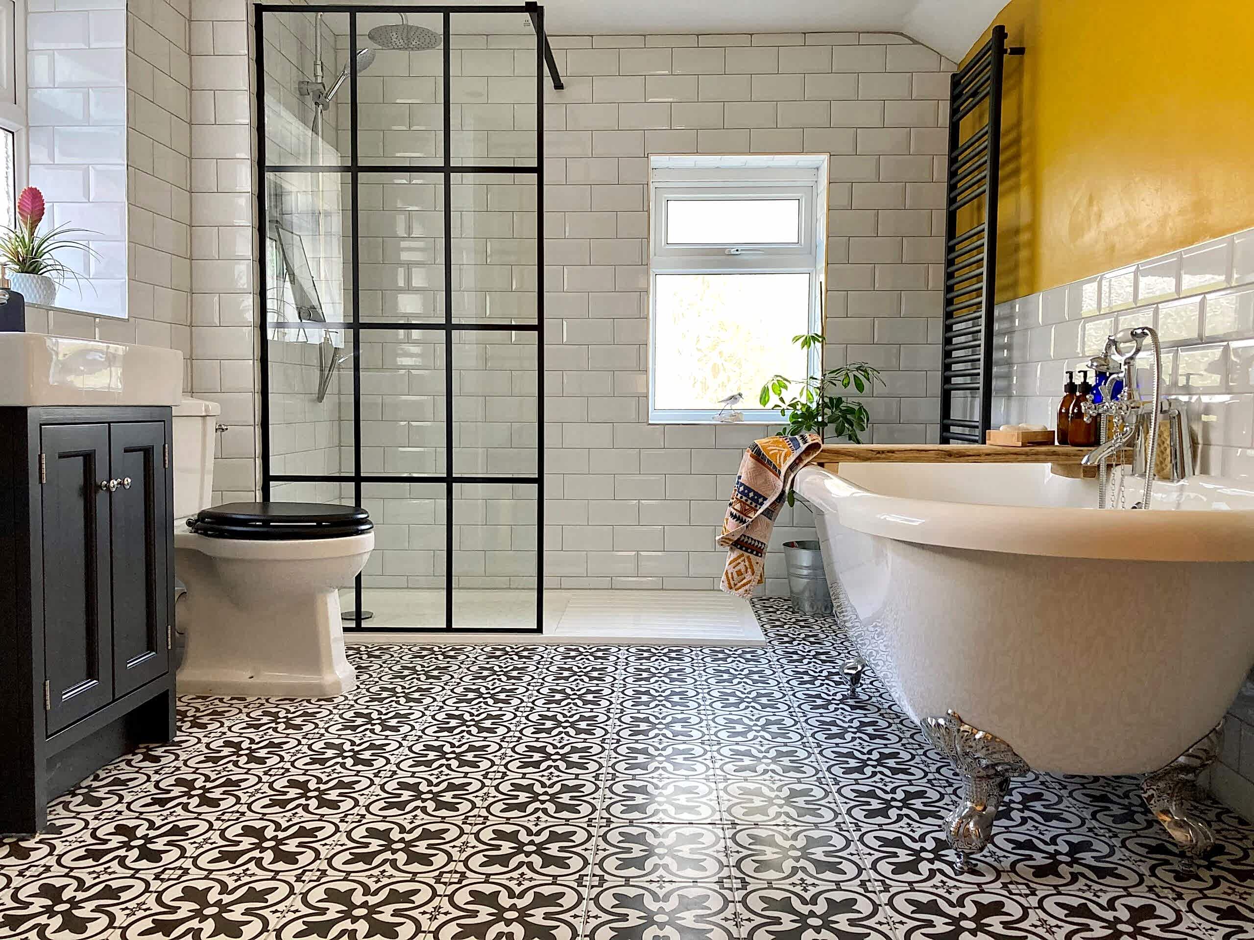 Monochrome Victorian bathroom tiles in Rhian & Matt's bathroom