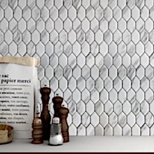 Urban White Hexagonal Mosaic Tiles in a kitchen setting with condiments and a menu