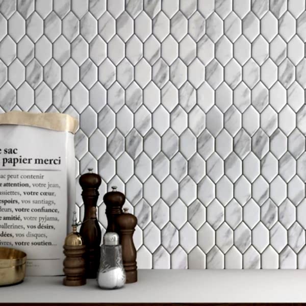 Urban White Hexagonal Mosaic Tiles in a kitchen setting with condiments and a menu