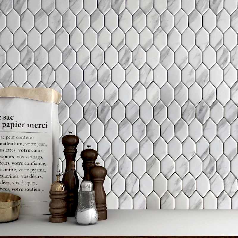 Urban White Hexagonal Mosaic Tiles in a kitchen setting with condiments and a menu