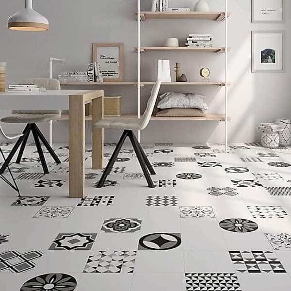 Vendome black and white patterned tiles