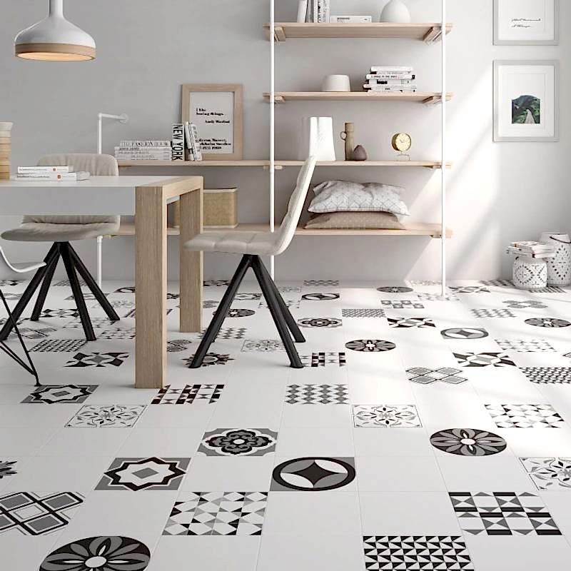 Vendome black and white patterned tiles