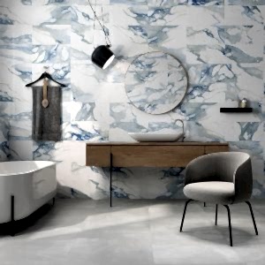 Valeria White and Blue Marble Effect Tiles - room setting