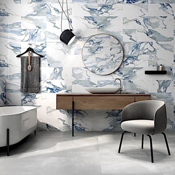 Valeria White and Blue Marble Effect Tiles - room setting