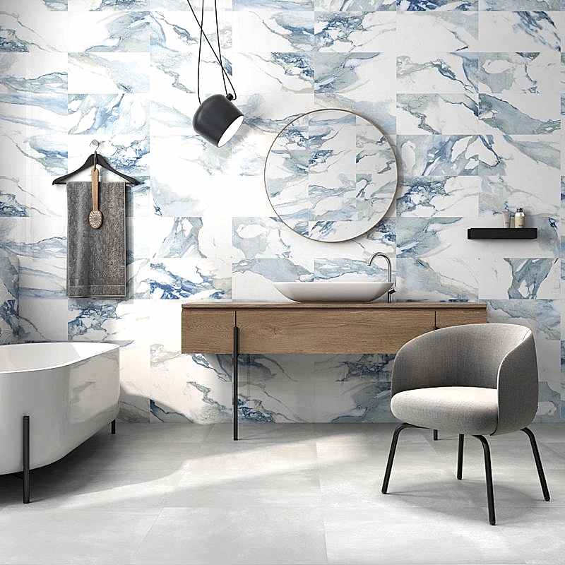 Valeria White and Blue Marble Effect Tiles - room setting