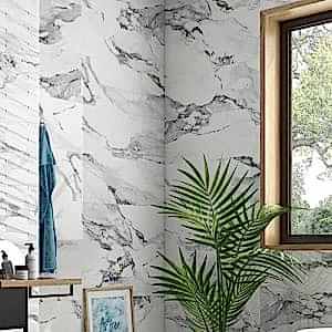 Valeria White and Grey Marble Wall Tiles in a bathroom. The corner of the roiom has a gold-edged window and a plant with fronds.