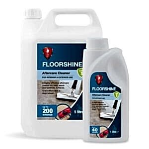 White plastic bottles with a blue label of floor shine. One large, one small