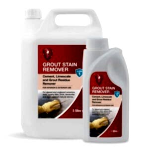 Two white plastic bottles of grout stain remover , one large, one small