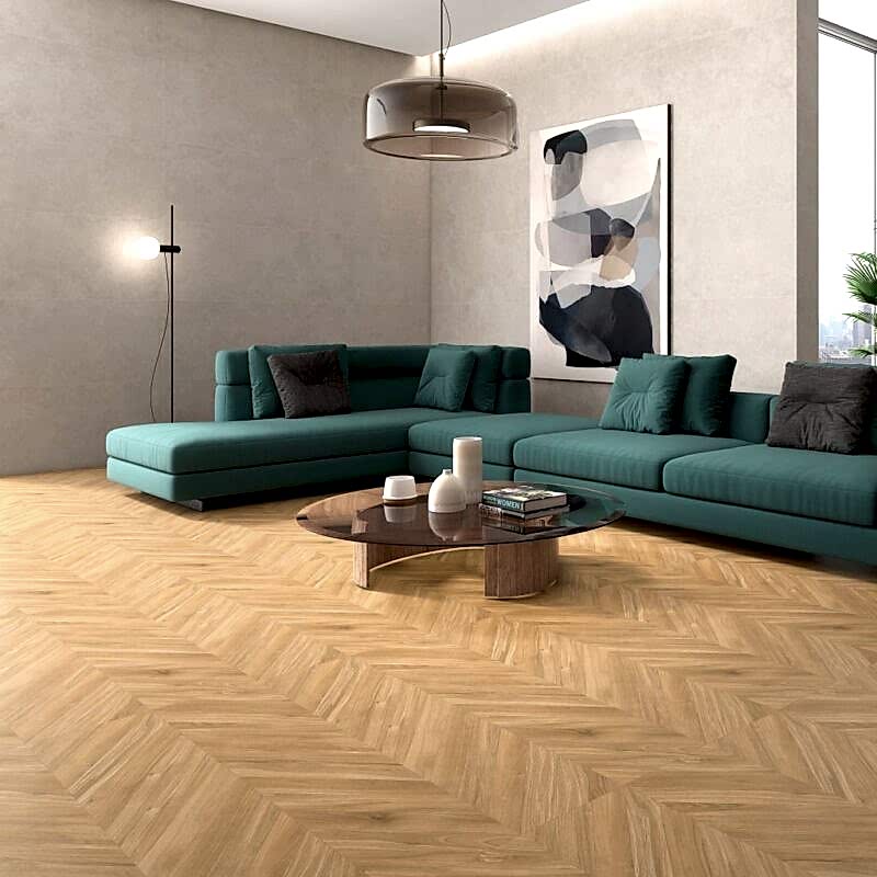 Ebony Honey Wood Effect Herringbone Tiles - Room Setting