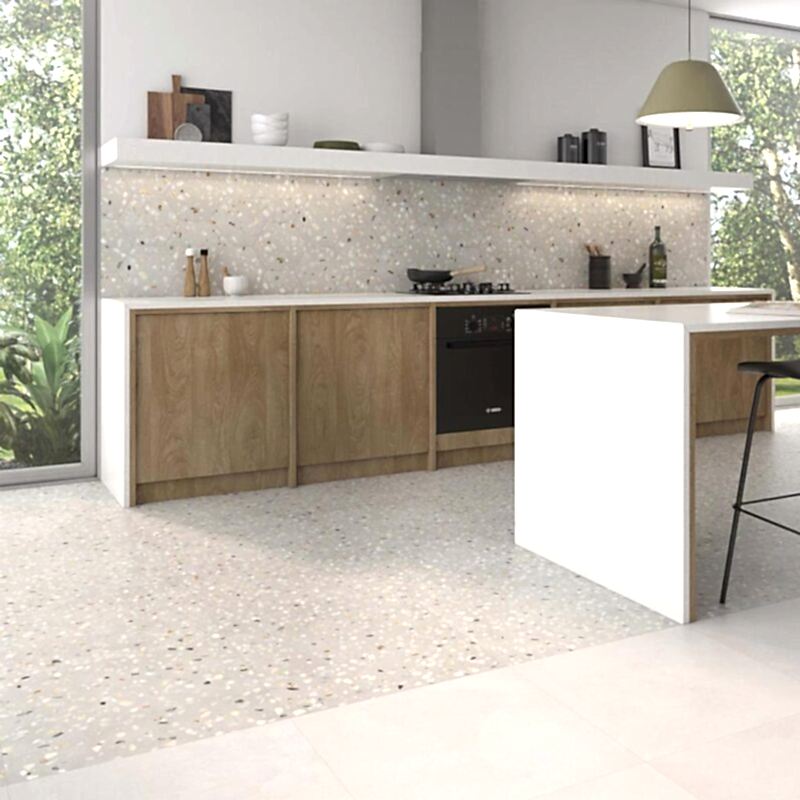 Doria Grey Terrazzo Tiles - Rectified - Room Setting