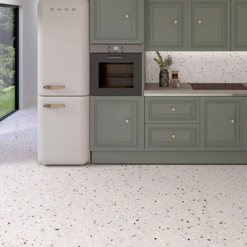 Doria White Terrazzo Floor Tiles - Rectified