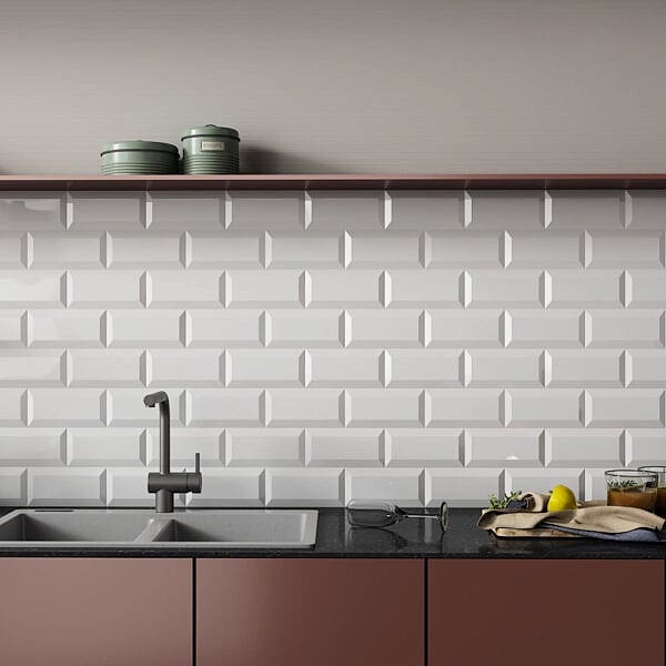 Bevelled Mini White Gloss Metro Tiles - Room Setting