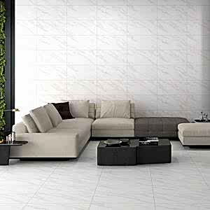 Calacatta Bianco Marble Floor and Wall Tiles - living room with l-shaped sofa