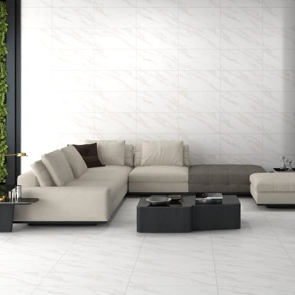 Calacatta Bianco Marble Floor and Wall Tiles - living room with l-shaped sofa