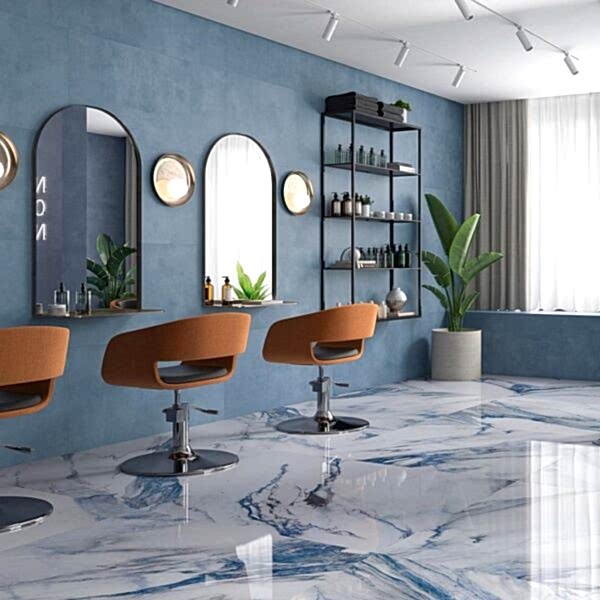 Eleganze Light Blue Bathroom Tiles - beautiful salon setting with blue walls and blur marble floor tiles