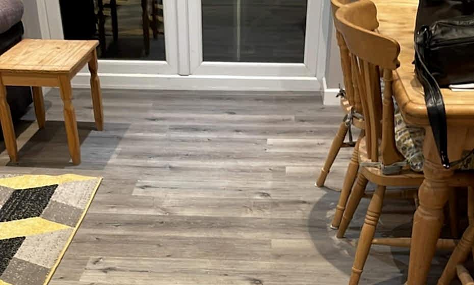 Jean's Dream Grey Kitchen - Closeup of Vinyl SCP Flooring Living Room using SPC Light Grey Vinyl Click Flooring Tiles – Matt