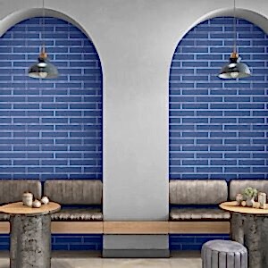 Blue Subway Tiles - Flat Metros in a dining area setting with benches and tables