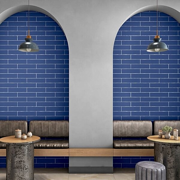 Blue Subway Tiles - Flat Metros in a dining area setting with benches and tables