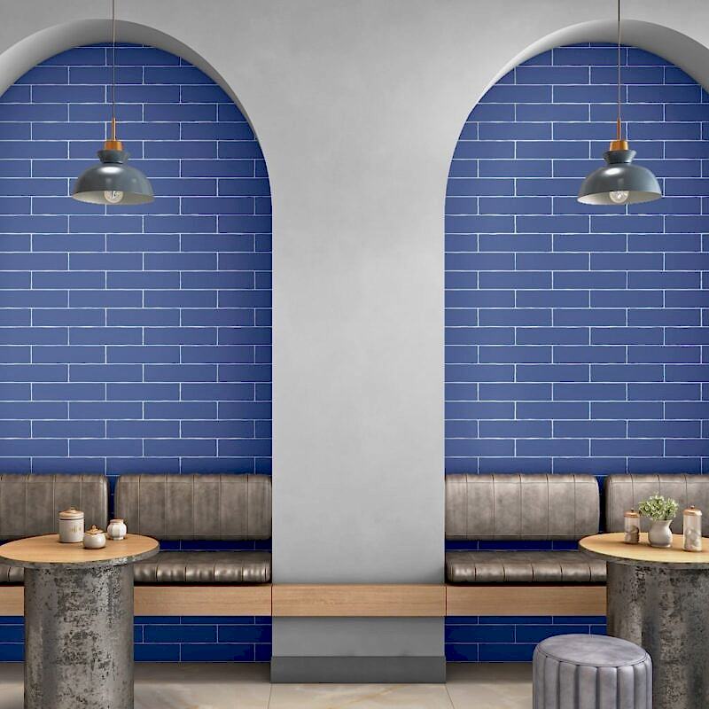 Blue Subway Tiles - Flat Metros in a dining area setting with benches and tables