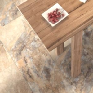 Keystone Brown Tiles - Stone Effect in a living room setting. Long wooden table with a brown chair.
