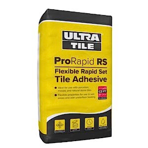 Product shot of a yellow bag of UltraTile ProRapid RS Flexible Rapid Set Tile White Adhesive