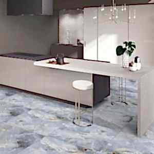 Darwen Blue Gloss Tiles in a kitchen with a countertop and a sink
