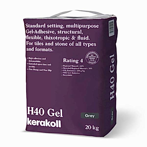 H40 Grey Gel Tile Adhesive - Product shot of a purple 20kg bag