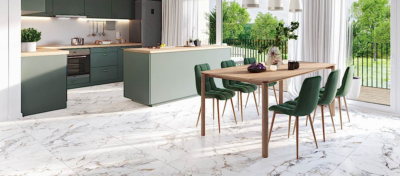 Statuario White Kitchen Floor Tiles with green kitchen units and a dining table
