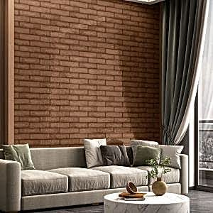 Splendour Brown Subway Tiles in a living room with a couch and a coffee table