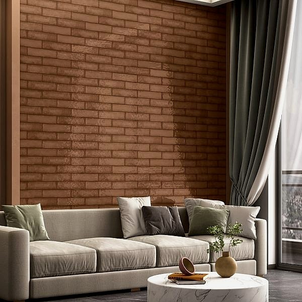Splendour Brown Subway Tiles in a living room with a couch and a coffee table