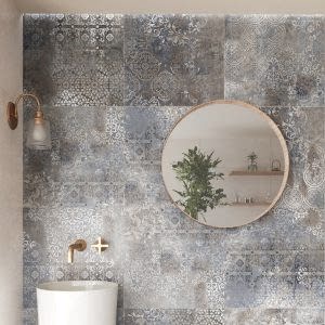 Carpet Blue Distressed Tiles on a bathroom wall with round mirror
