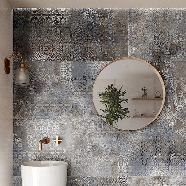 Carpet Blue Distressed Tiles on a bathroom wall with round mirror