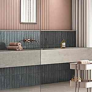Splendour Peacock Metro Tiles in a bathroom with a sink and a mirror