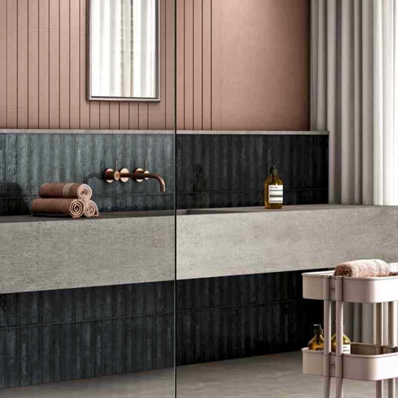 Splendour Peacock Metro Tiles in a bathroom with a sink and a mirror