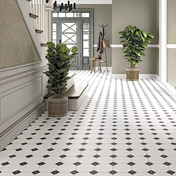 Canterbury Black Octagon Tiles in a hallway setting