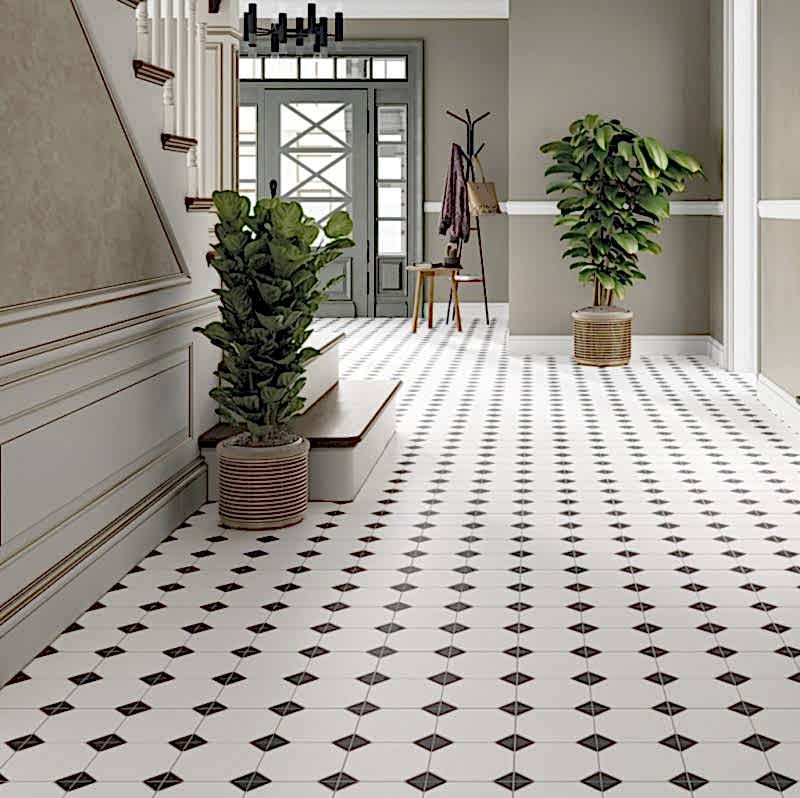 Canterbury Black Octagon Tiles in a hallway setting