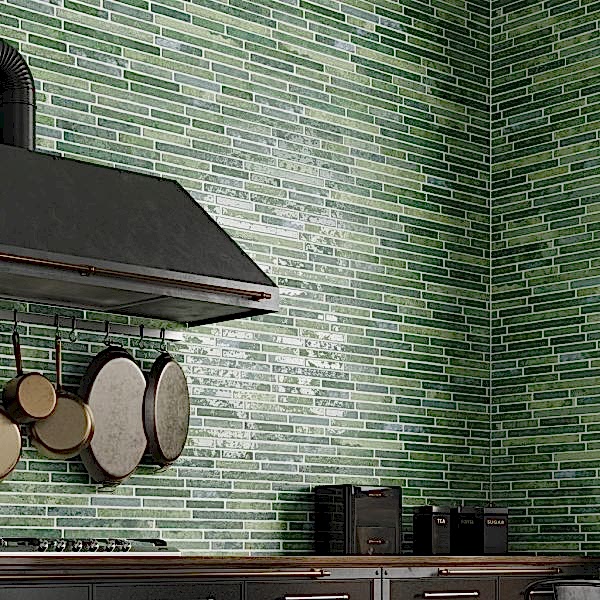 Harlem Green Stick Wall Tiles in a kitchen setting