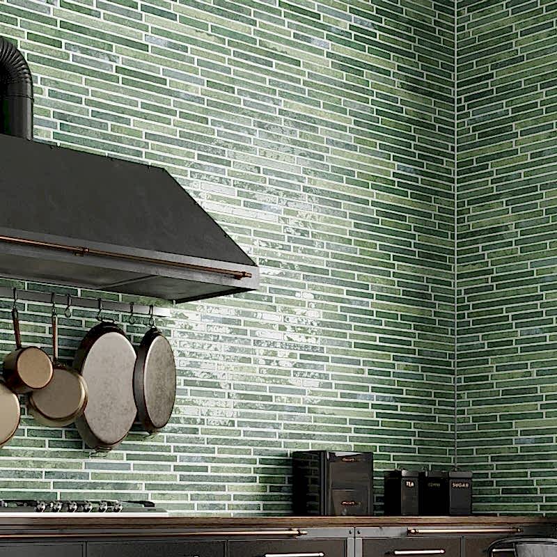 Harlem Green Stick Wall Tiles in a kitchen setting