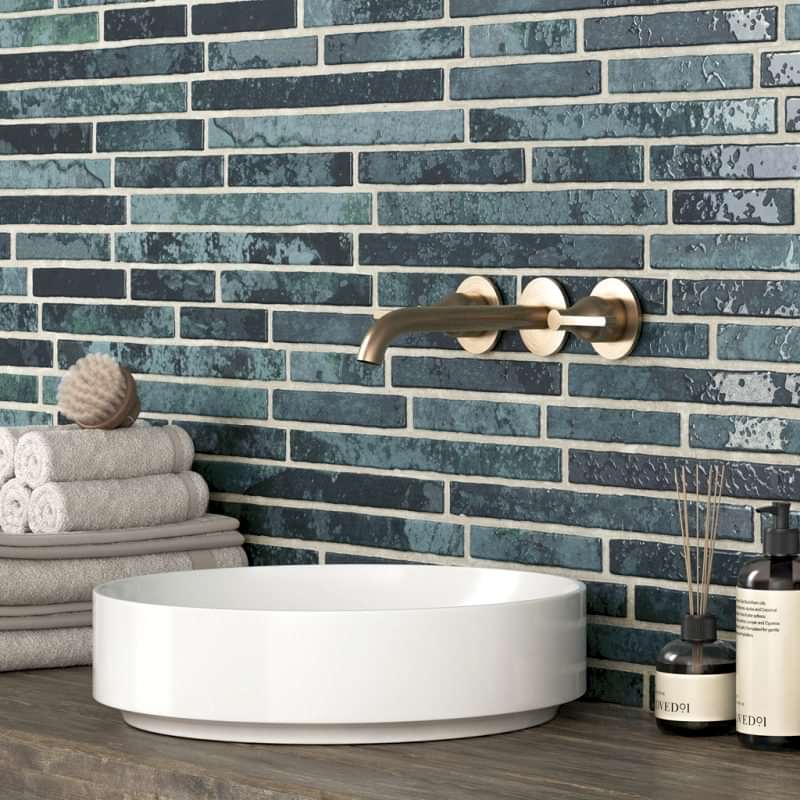 Harlem Teal Stick Tiles in a bathroom setting